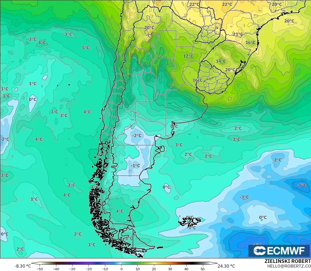 ECMWF IFS 0.25° model - Argentina, Temperature at 850hPa
