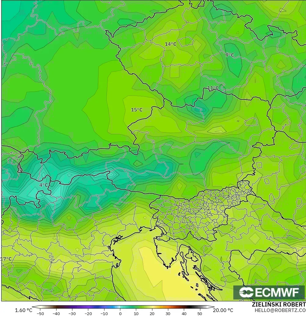 ECMWF IFS 0.25° model - Austria, Dewpoint at 2m