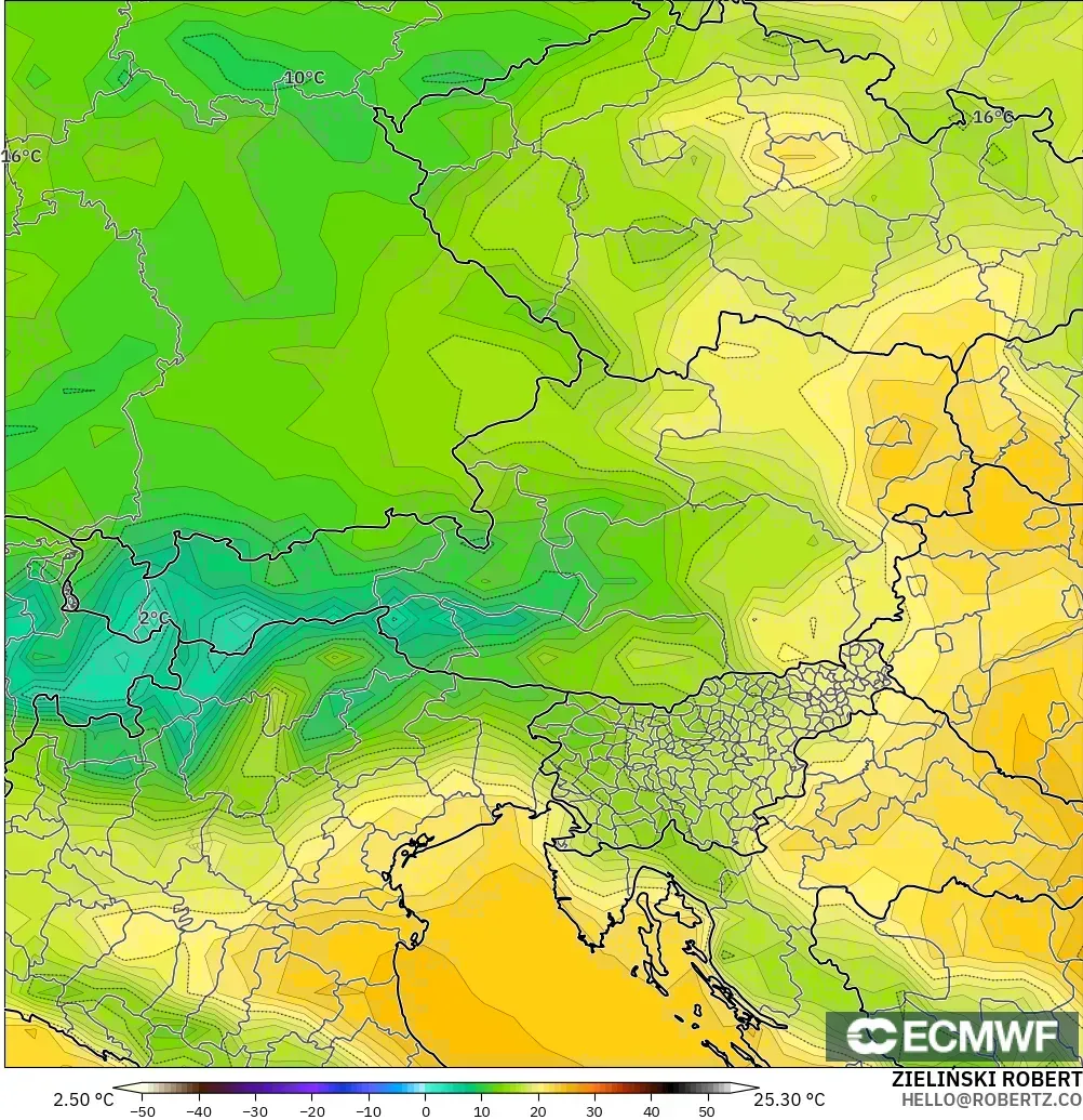 ECMWF IFS 0.25° model - Austria, Temperature at 2m