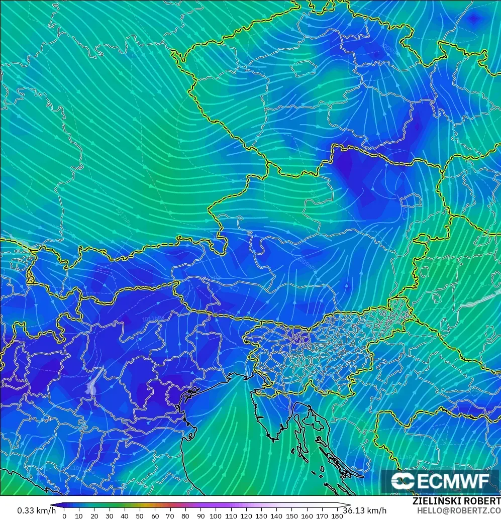 ECMWF IFS 0.25° model - Austria, Wind at 10m