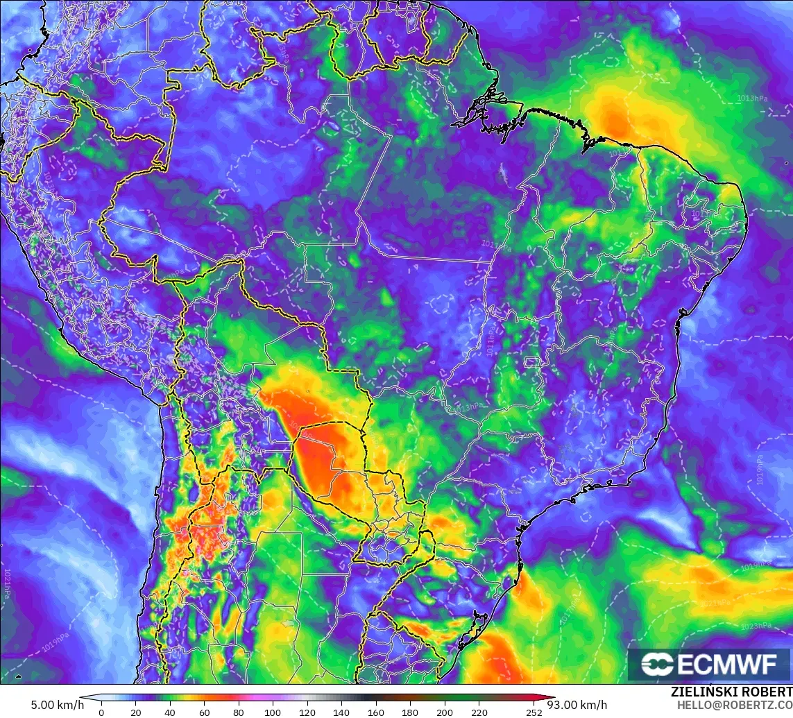 ECMWF IFS 0.25° model - Brazil, Wind Gusts