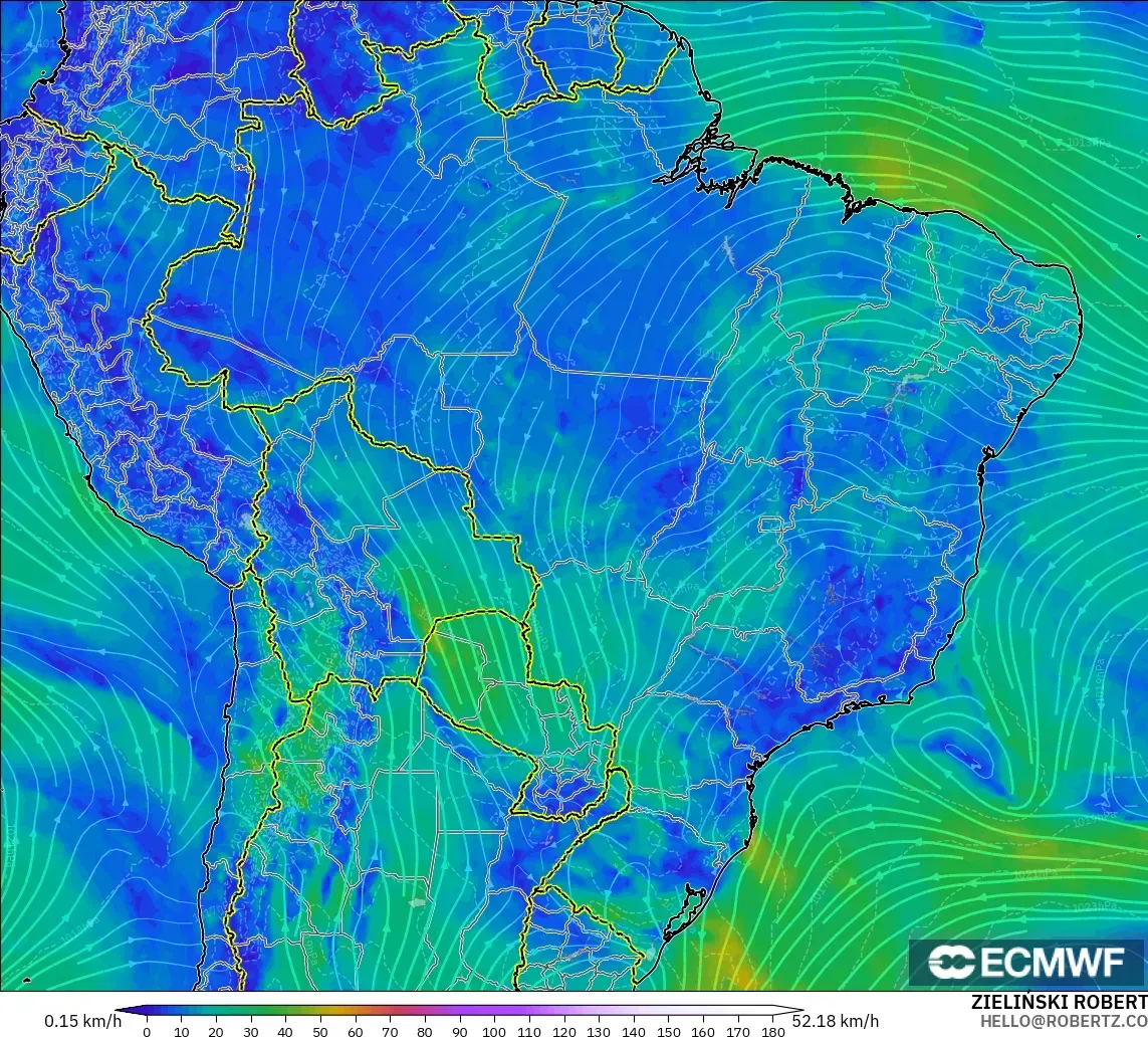 ECMWF IFS 0.25° model - Brazil, Wind at 10m