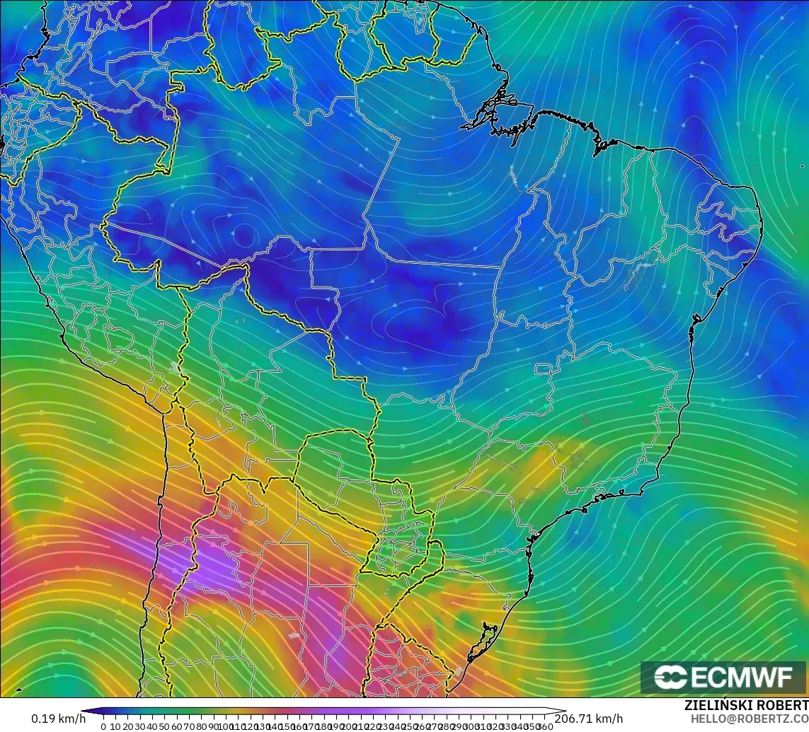 ECMWF IFS 0.25° model - Brazil, Wind at 300hPa (jet stream)