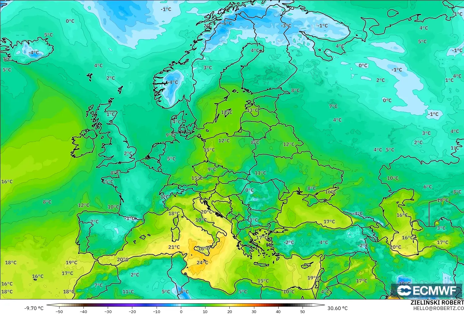 ECMWF IFS 0.25° model - Europe, Dewpoint at 2m