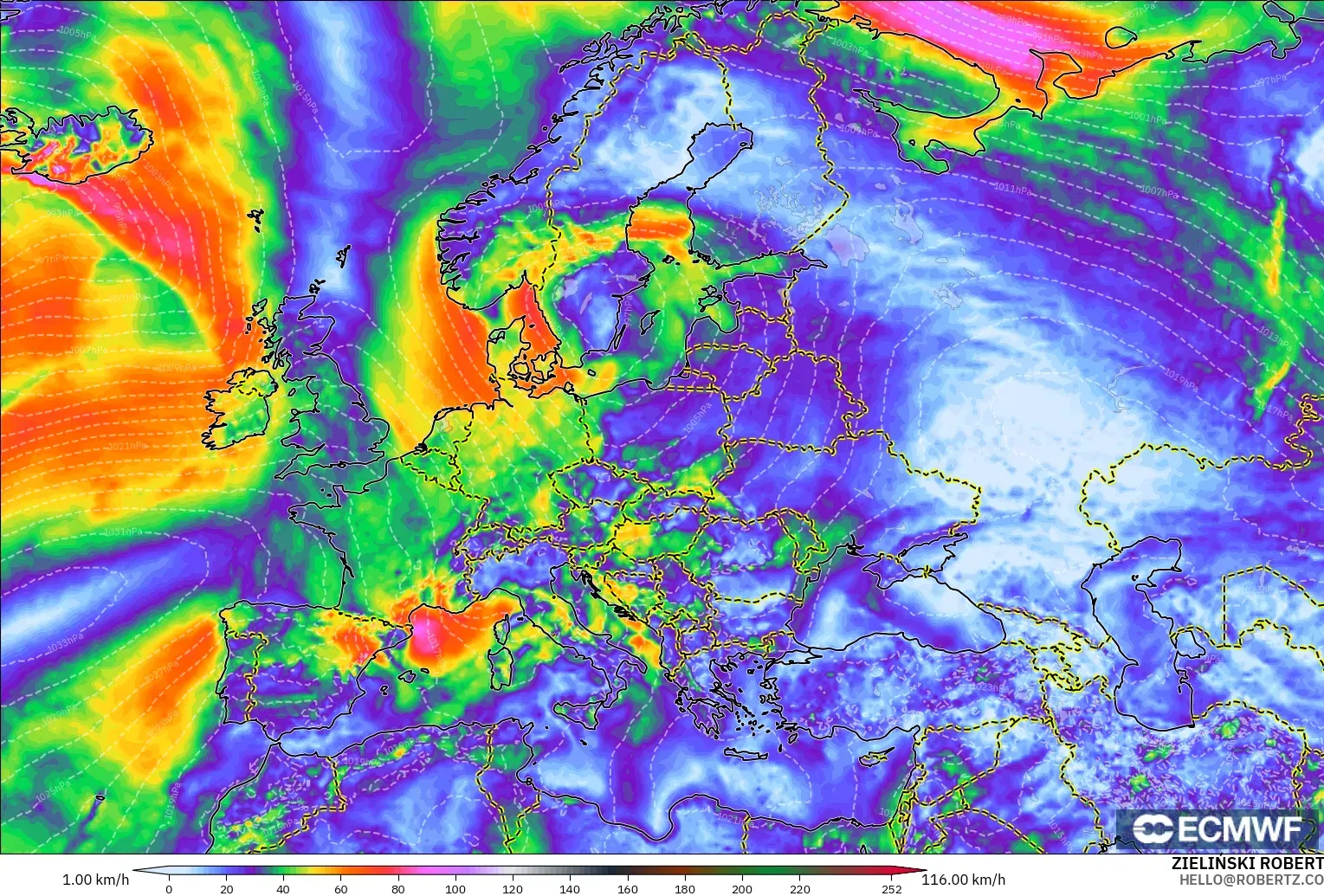 ECMWF IFS 0.25° model - Europe, Wind Gusts