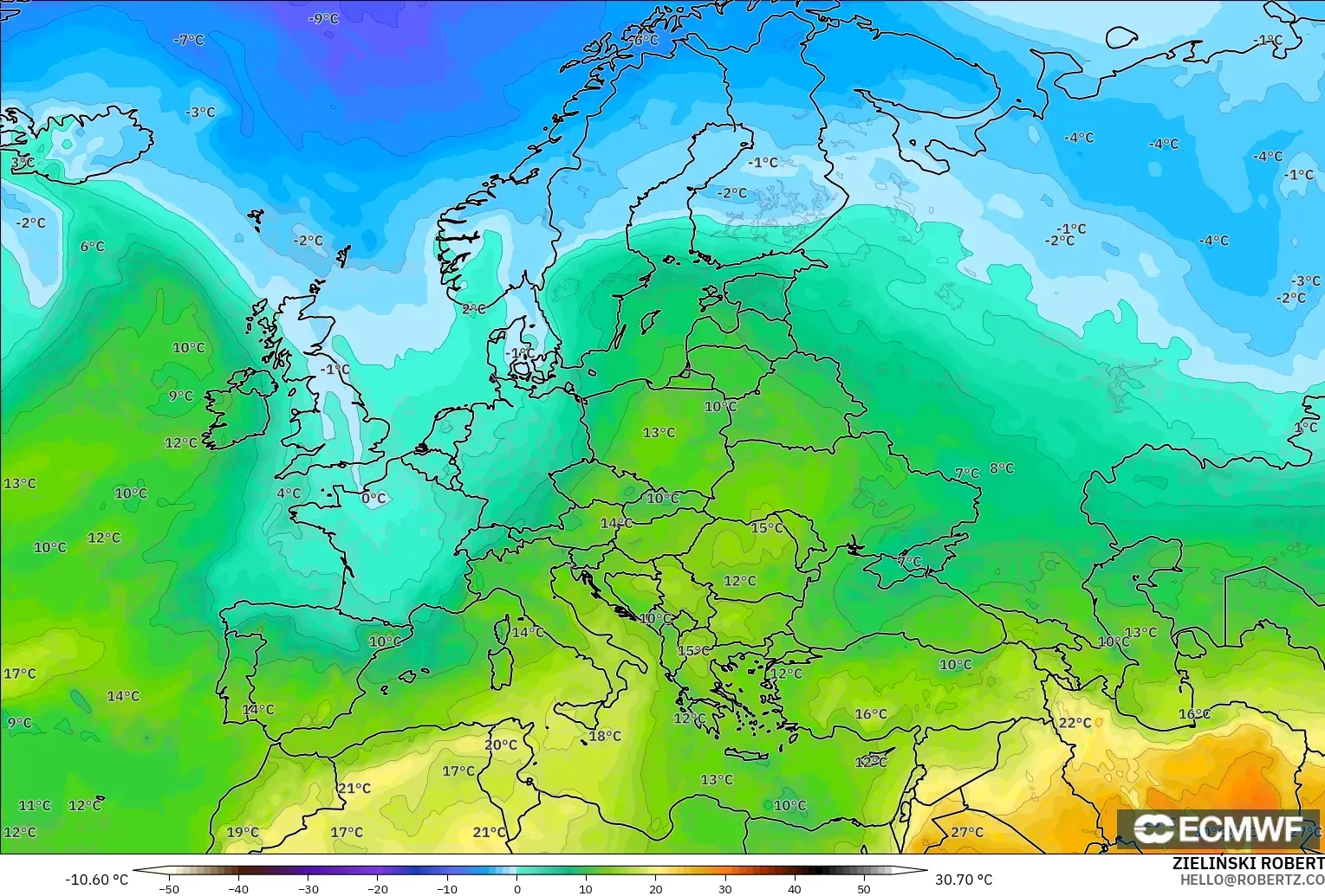 ECMWF IFS 0.25° model - Europe, Temperature at 850hPa