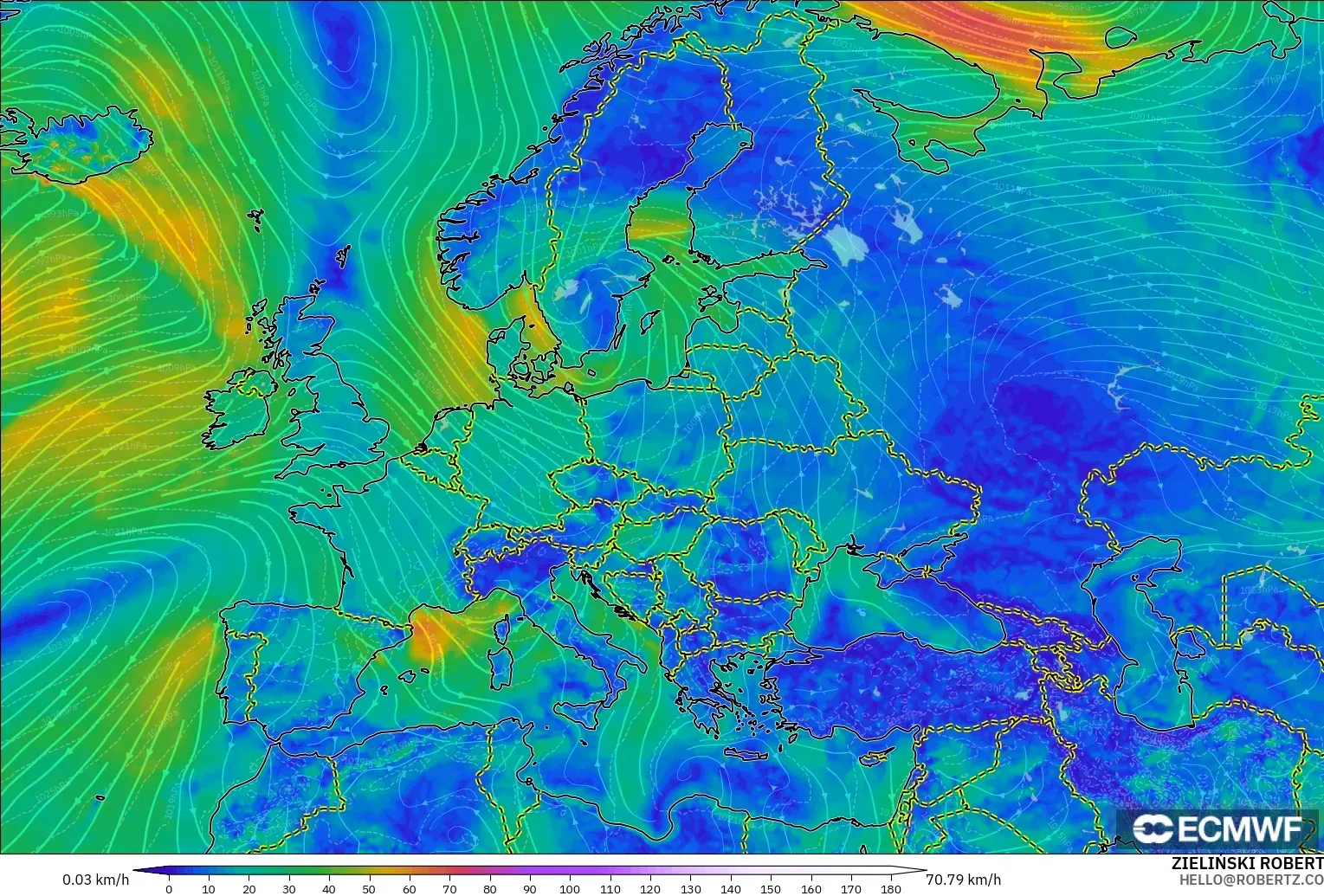 ECMWF IFS 0.25° model - Europe, Wind at 10m
