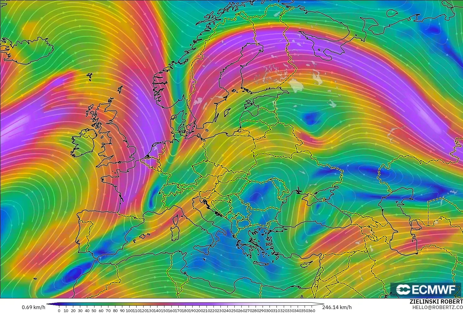 ECMWF IFS 0.25° model - Europe, Wind at 300hPa (jet stream)