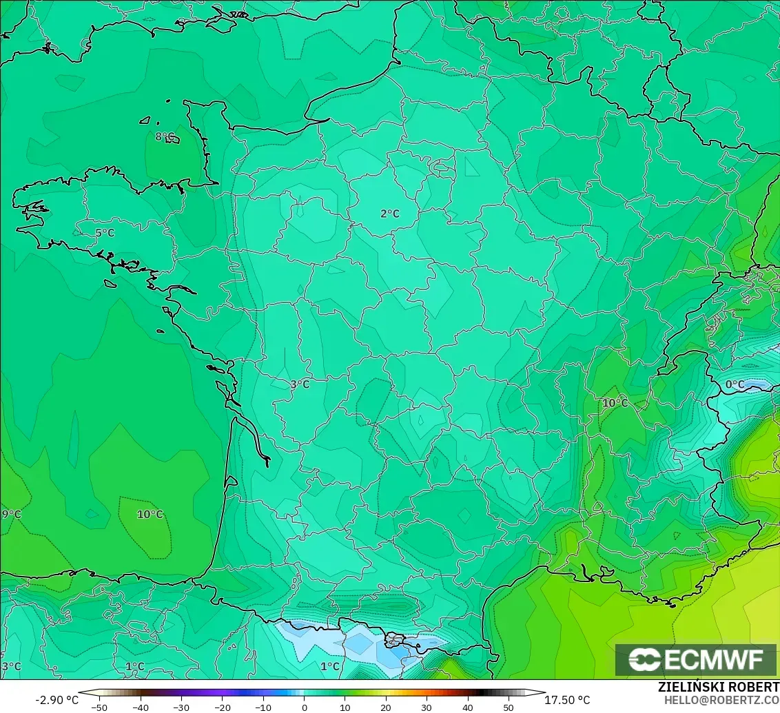 ECMWF IFS 0.25° model - France, Dewpoint at 2m