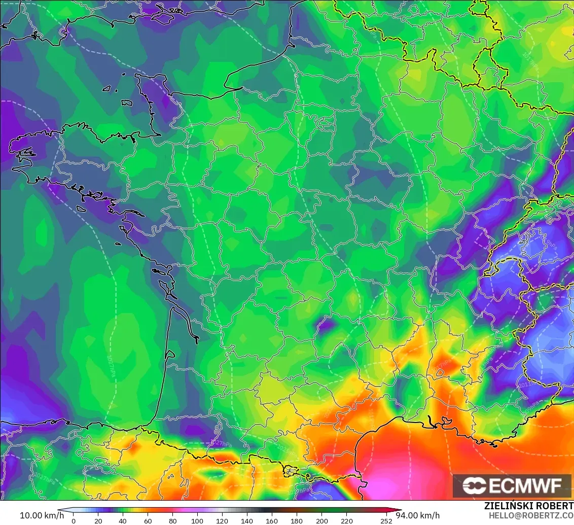 ECMWF IFS 0.25° model - France, Wind Gusts