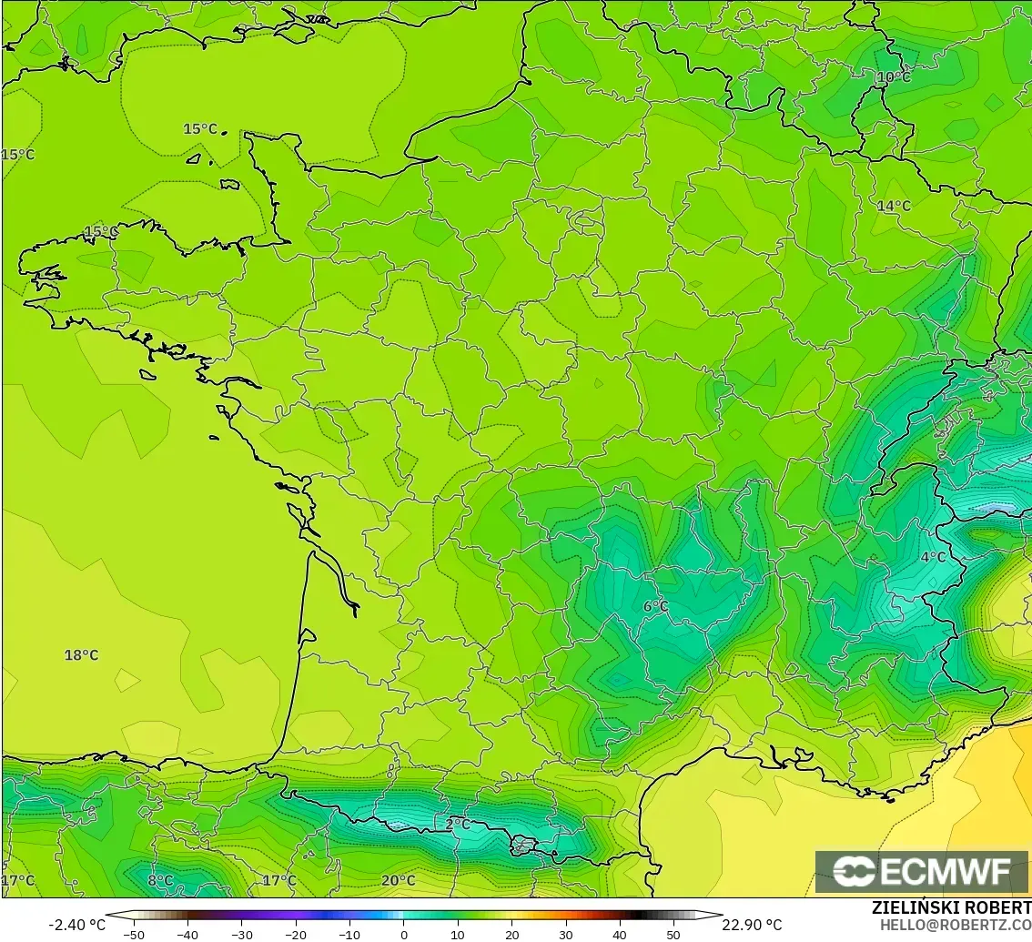 ECMWF IFS 0.25° model - France, Temperature at 2m