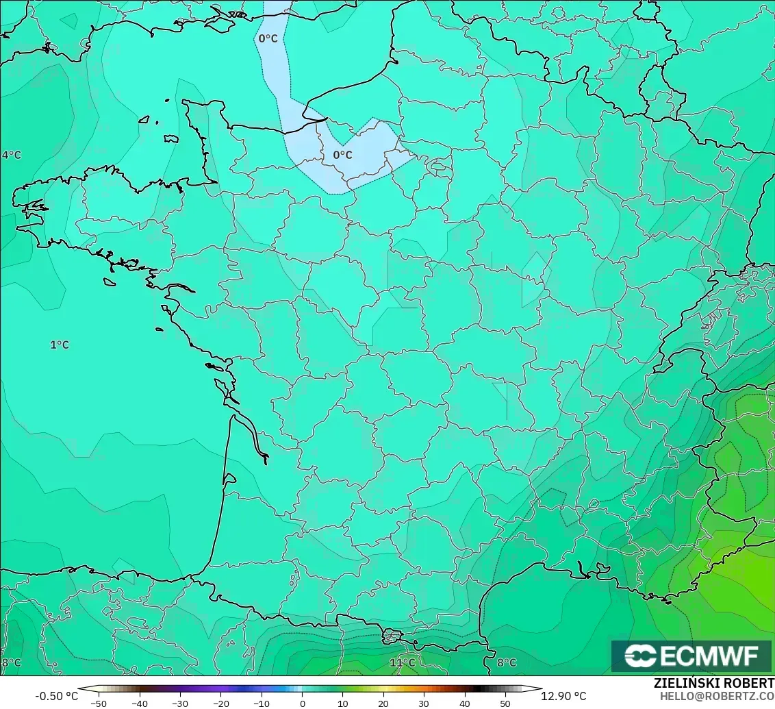 ECMWF IFS 0.25° model - France, Temperature at 850hPa