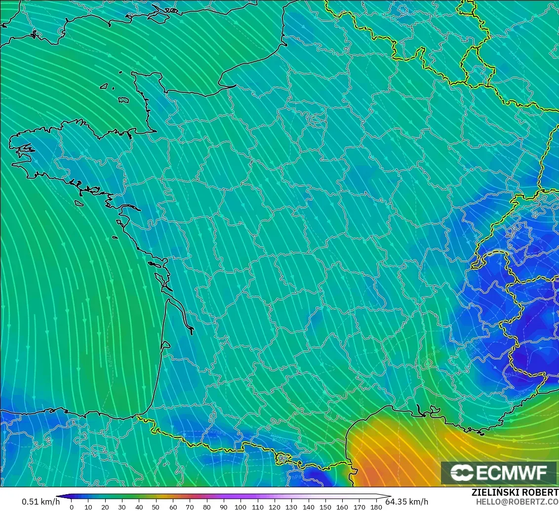 ECMWF IFS 0.25° model - France, Wind at 10m