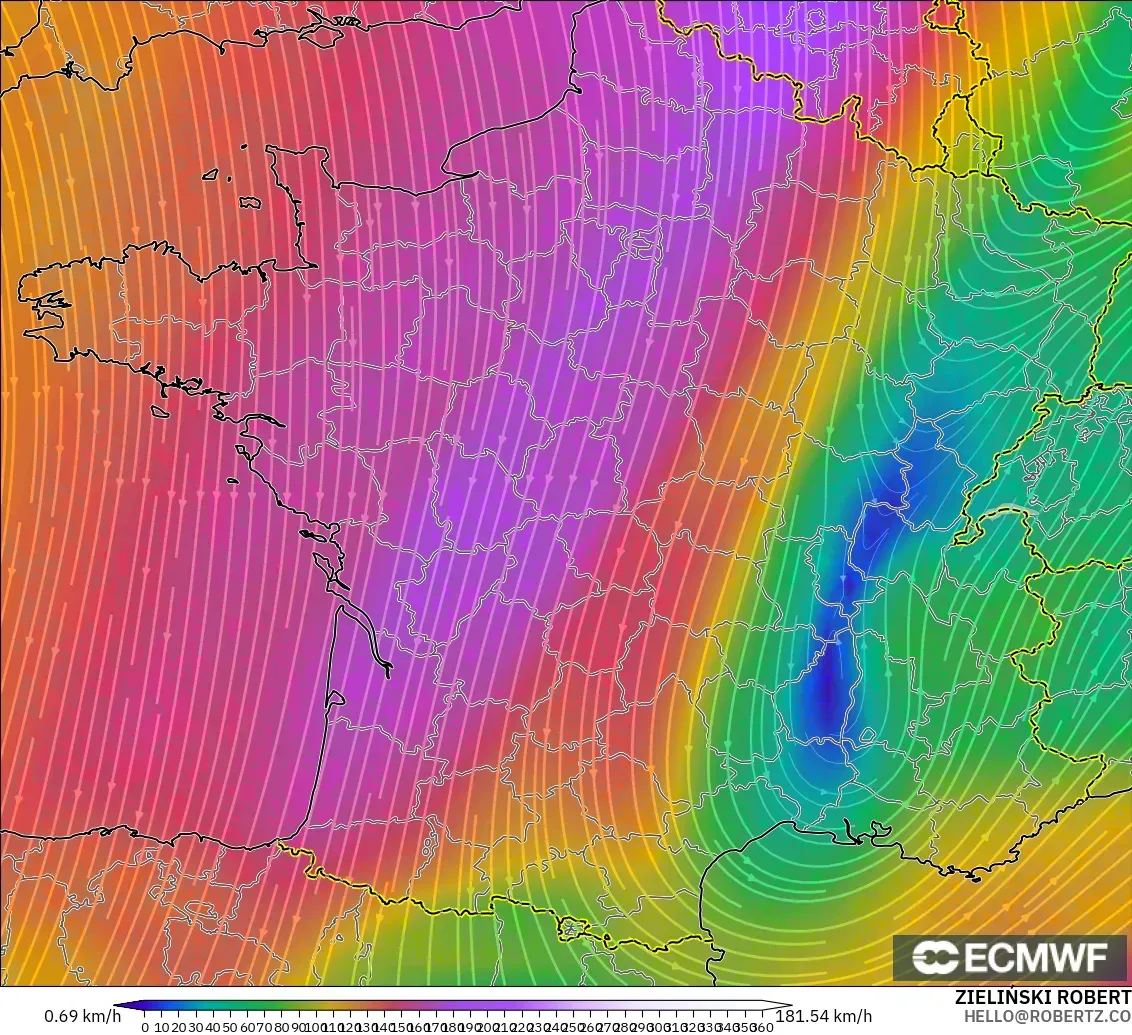 ECMWF IFS 0.25° model - France, Wind at 300hPa (jet stream)