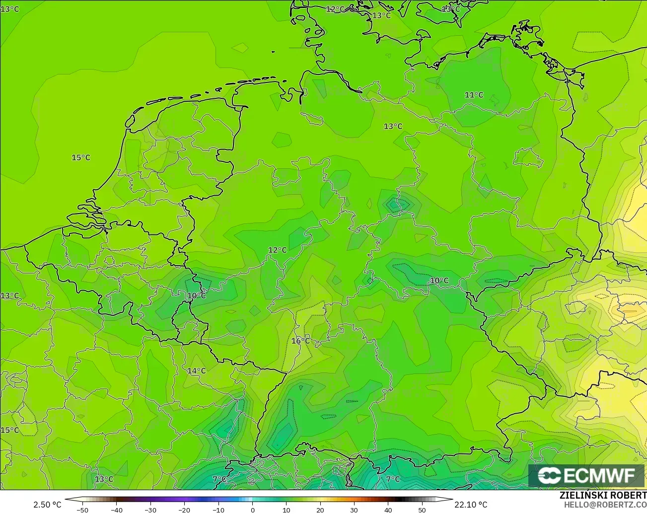 ECMWF IFS 0.25° model - Germany, Temperature at 2m