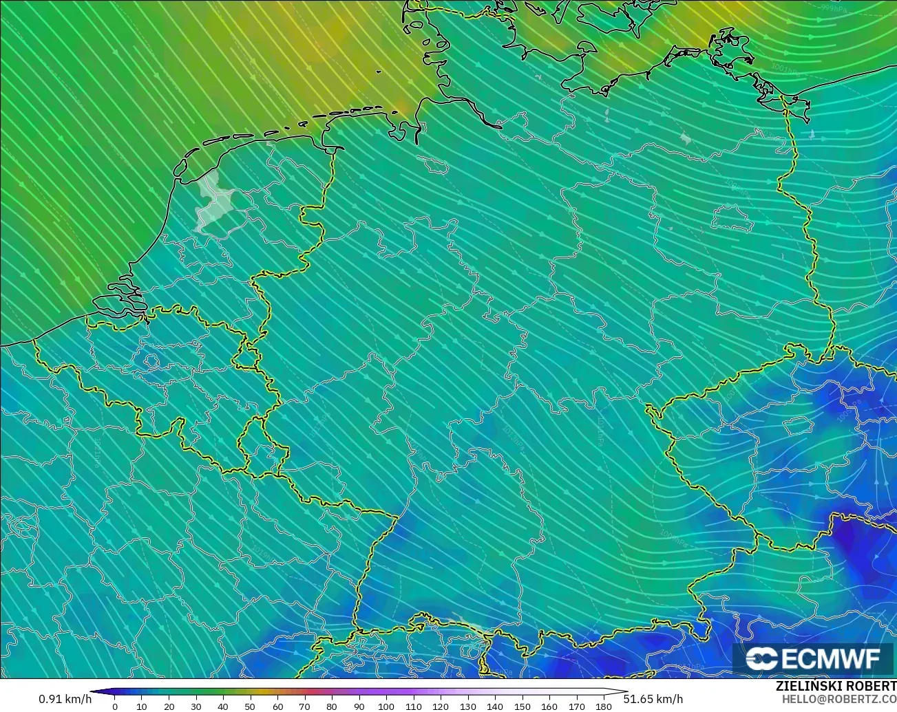 ECMWF IFS 0.25° model - Germany, Wind at 10m