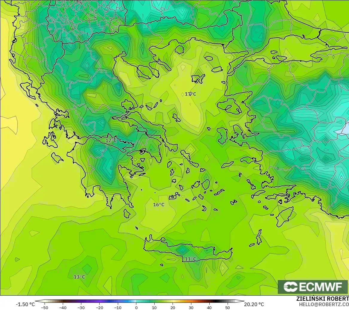 ECMWF IFS 0.25° model - Greece, Dewpoint at 2m