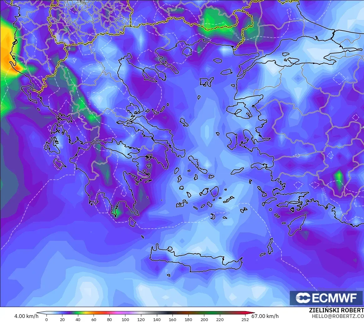 ECMWF IFS 0.25° model - Greece, Wind Gusts
