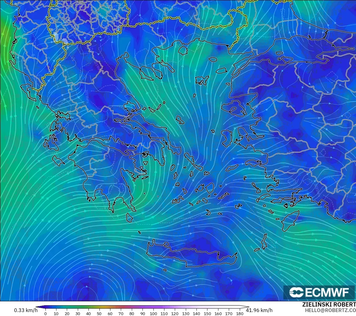 ECMWF IFS 0.25° model - Greece, Wind at 10m