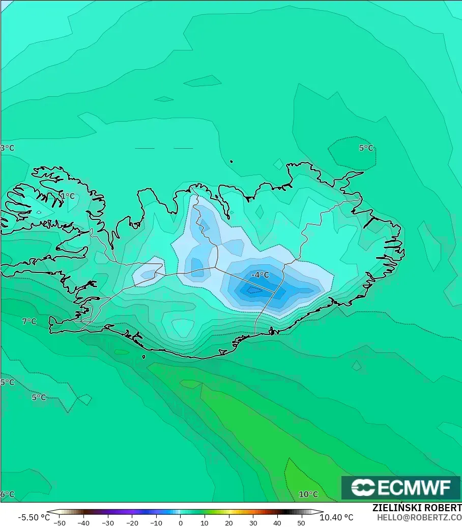ECMWF IFS 0.25° model - Iceland, Dewpoint at 2m