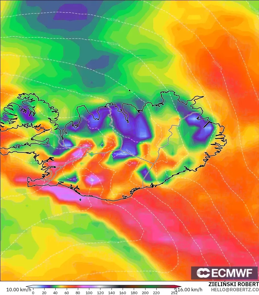 ECMWF IFS 0.25° model - Iceland, Wind Gusts Peak