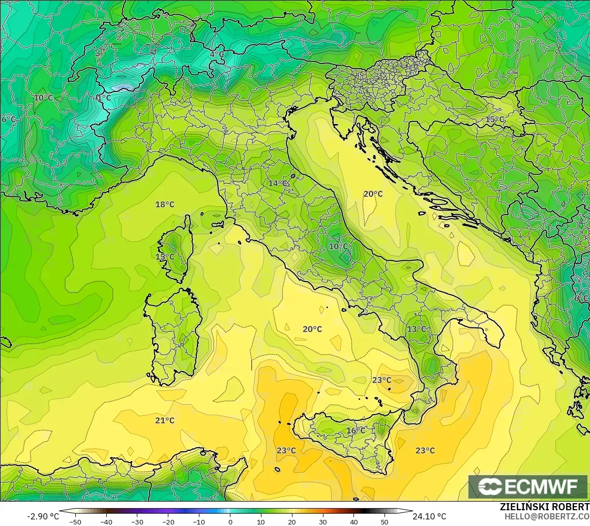 ECMWF IFS 0.25° model - Italy, Dewpoint at 2m
