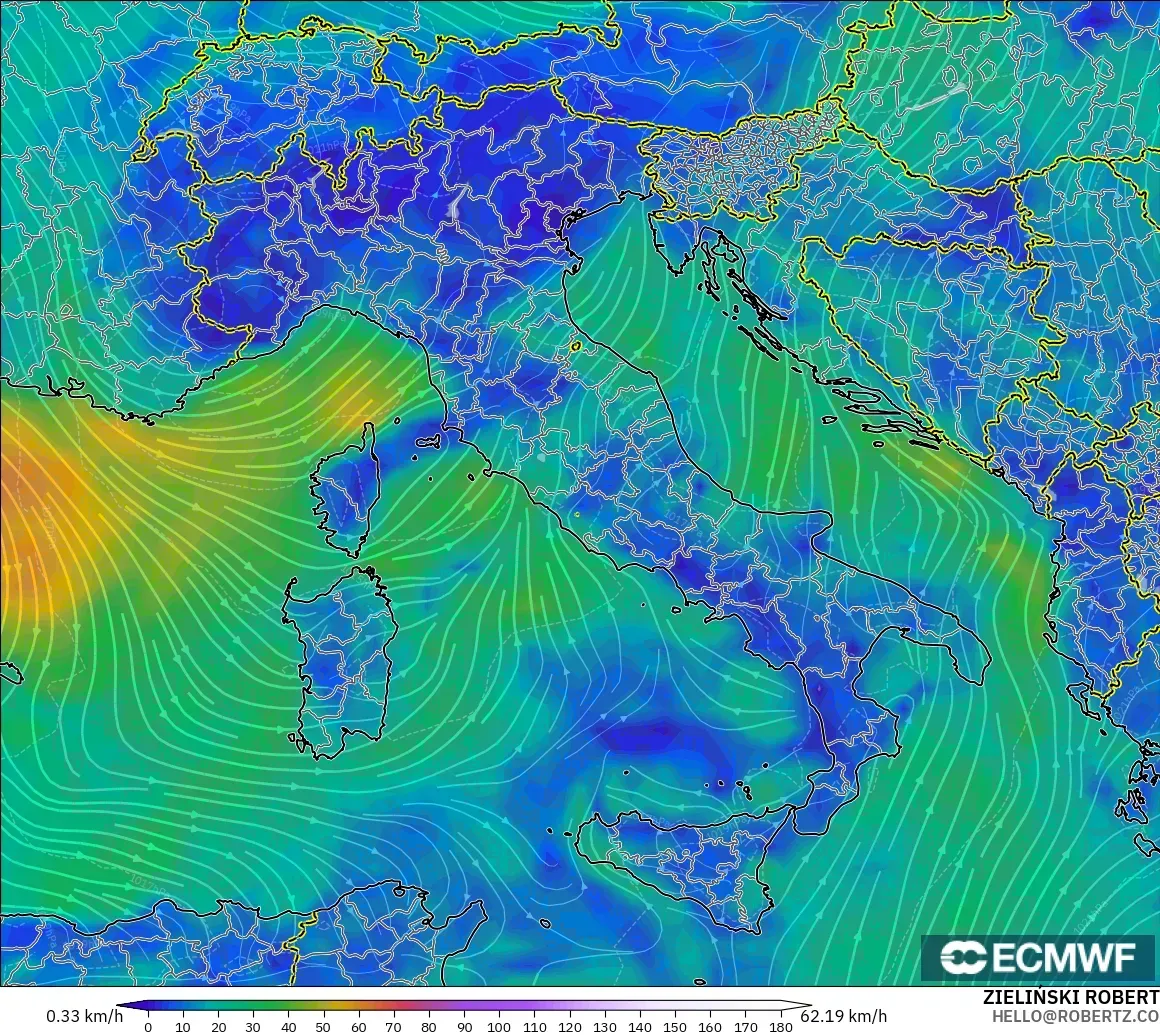 ECMWF IFS 0.25° model - Italy, Wind at 10m