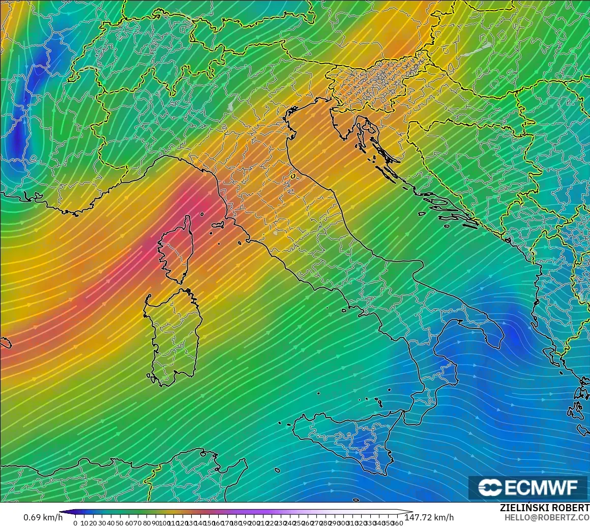 ECMWF IFS 0.25° model - Italy, Wind at 300hPa (jet stream)
