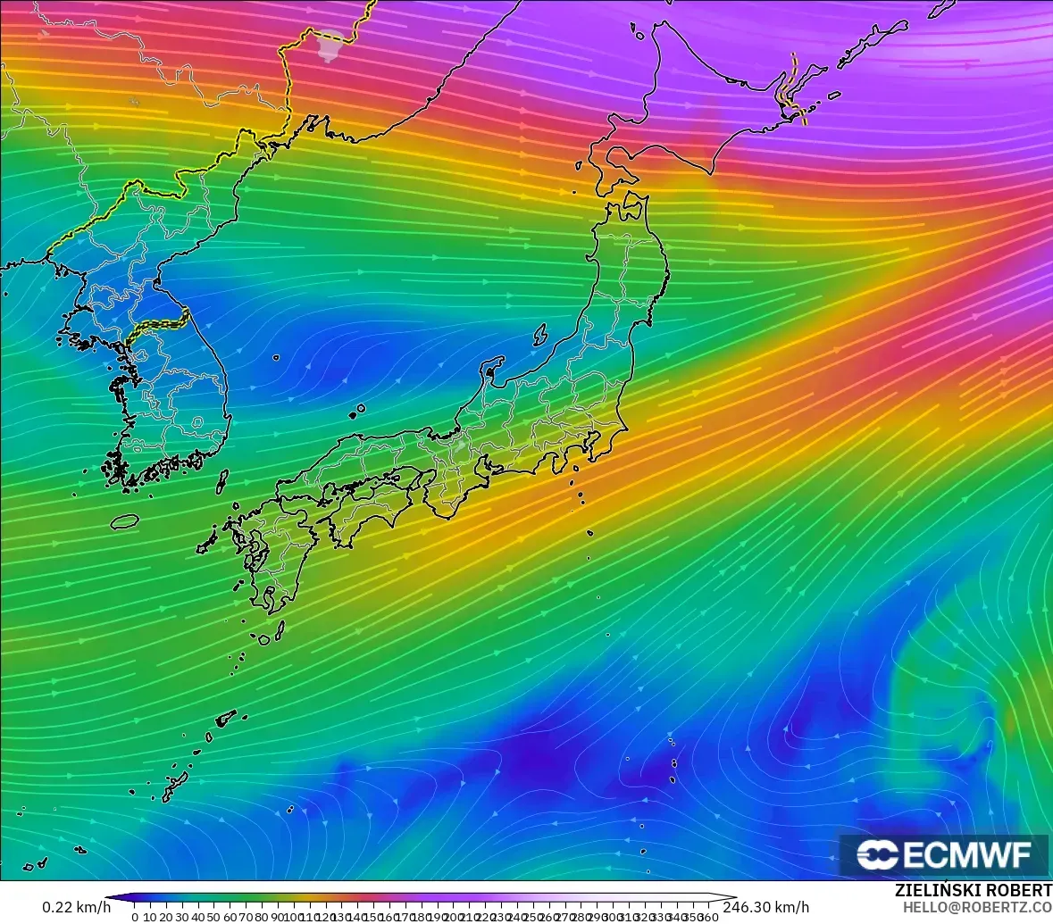 ECMWF IFS 0.25° model - Japan, Wind at 300hPa (jet stream)