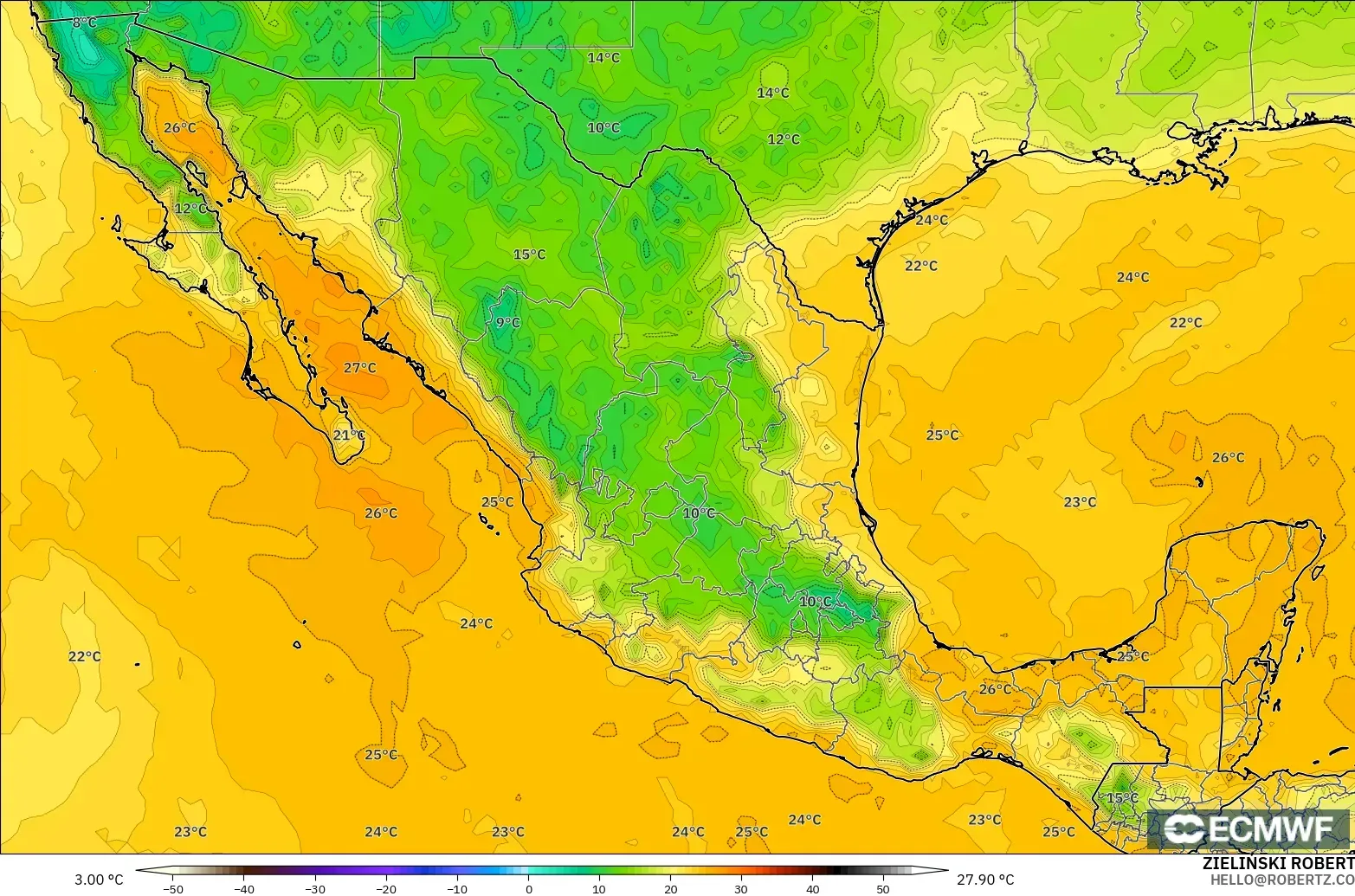 ECMWF IFS 0.25° model - Mexico, Dewpoint at 2m