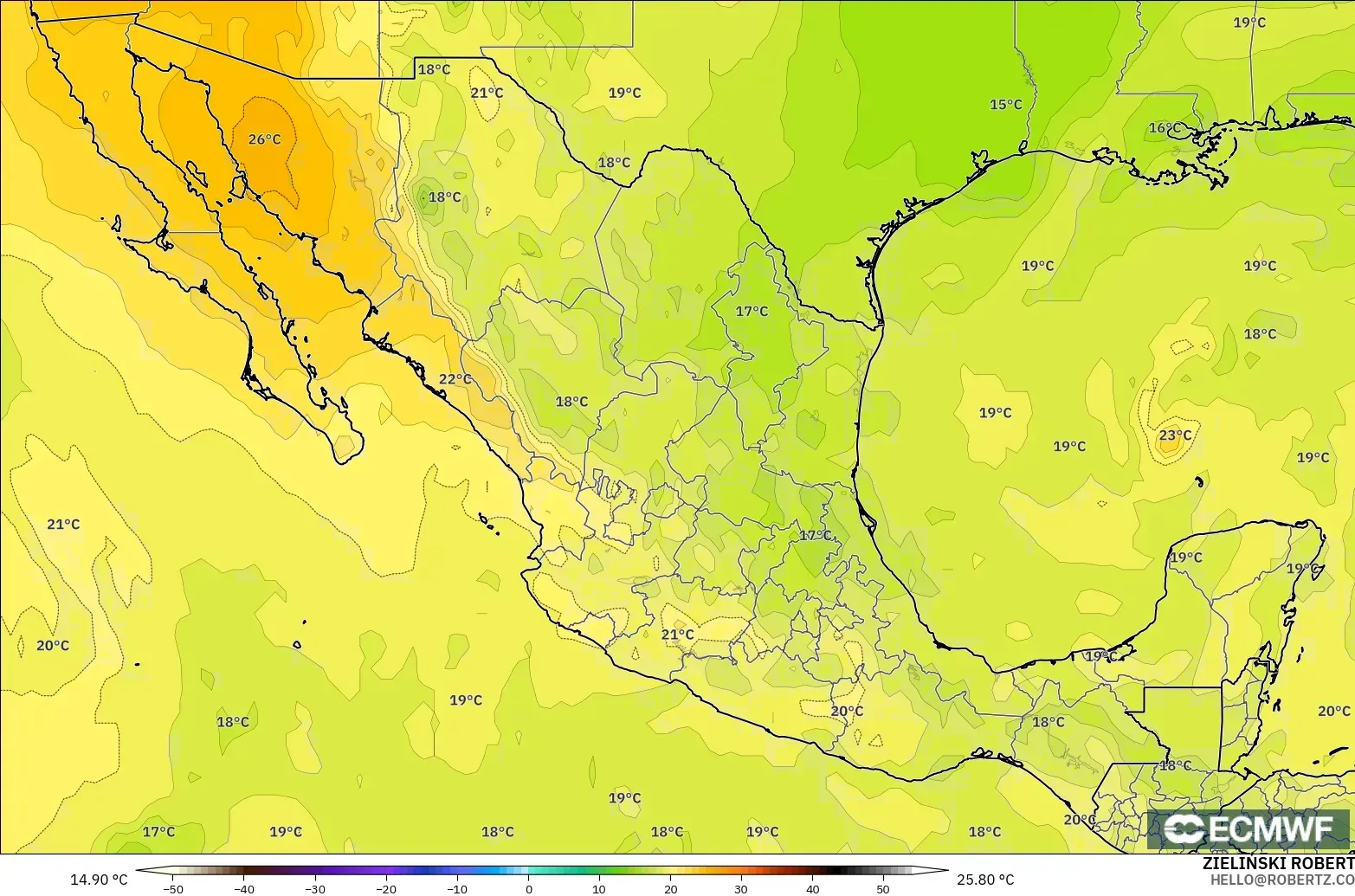 ECMWF IFS 0.25° model - Mexico, Temperature at 850hPa