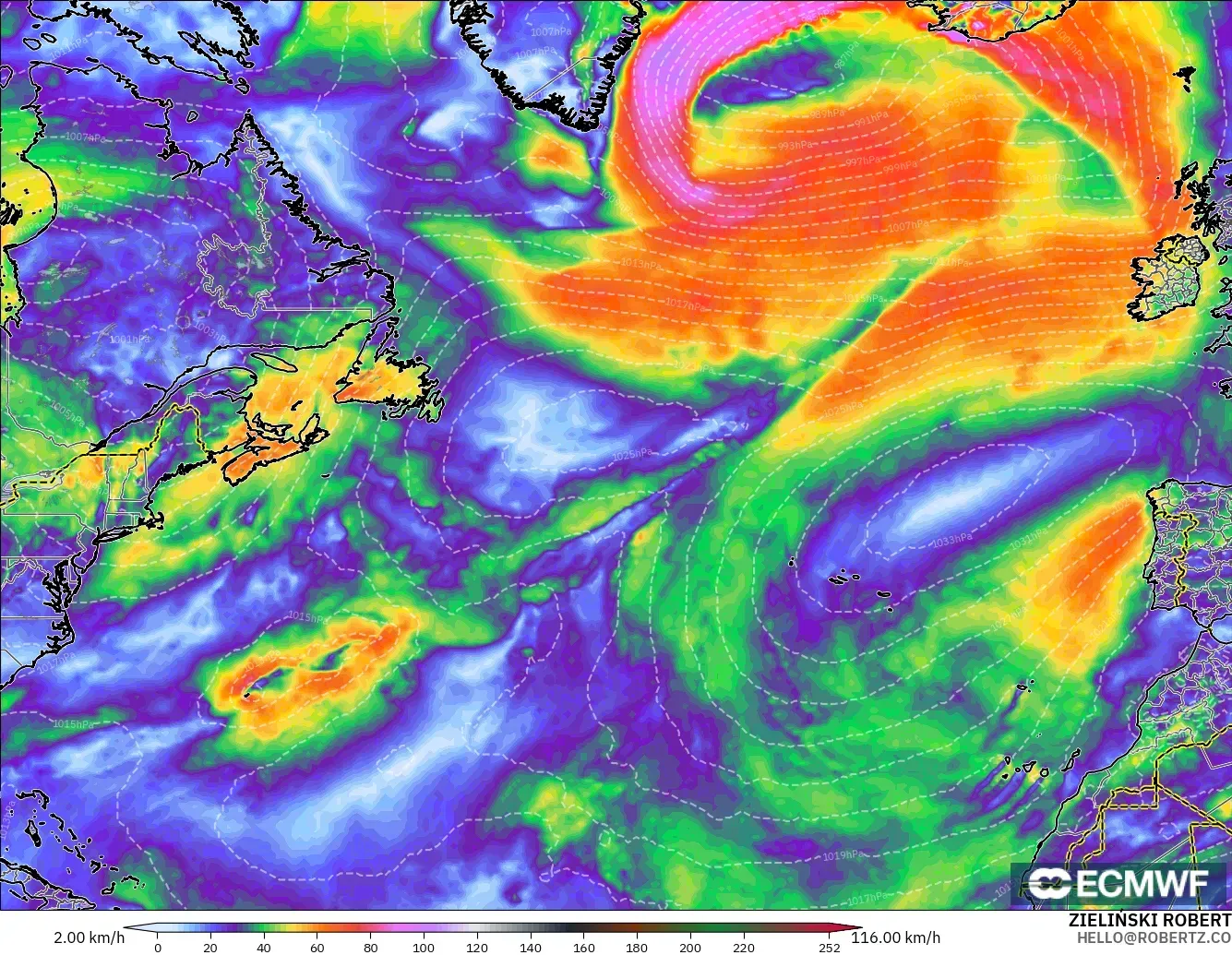 ECMWF IFS 0.25° model - North Atlantic, Wind Gusts Peak
