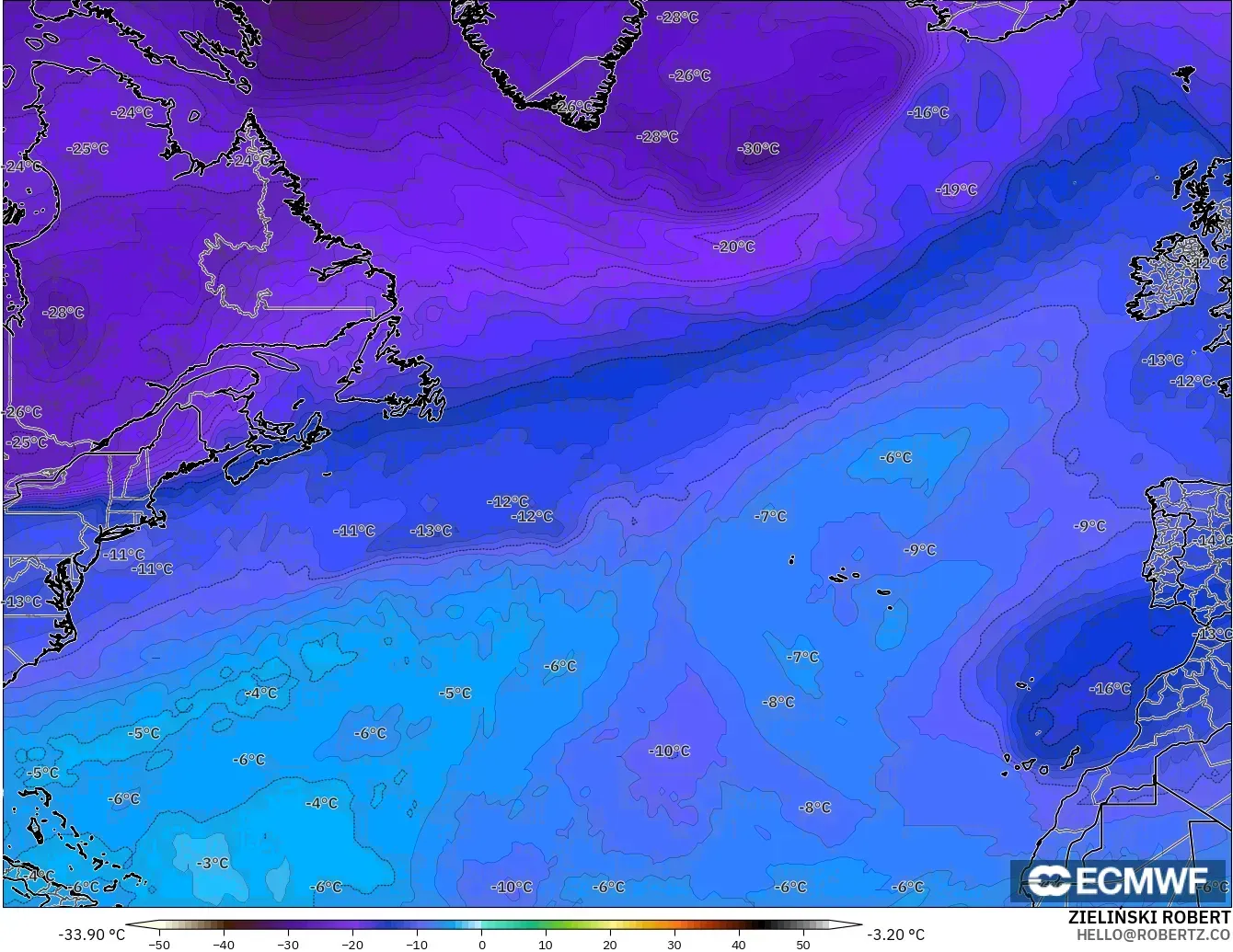 ECMWF IFS 0.25° model - North Atlantic, Temperature at 500hPa