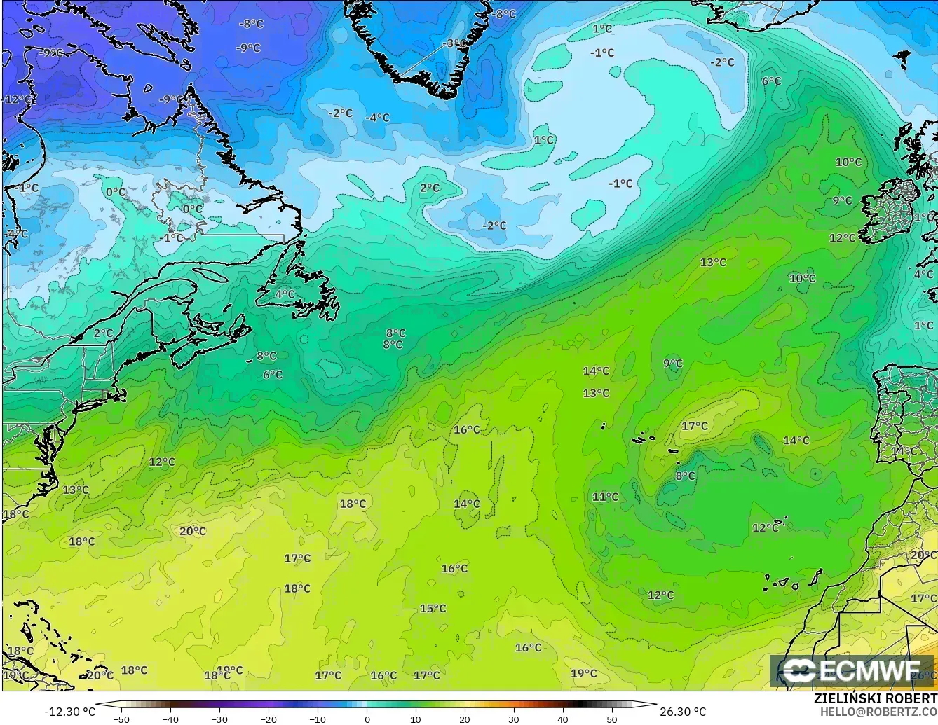 ECMWF IFS 0.25° model - North Atlantic, Temperature at 850hPa