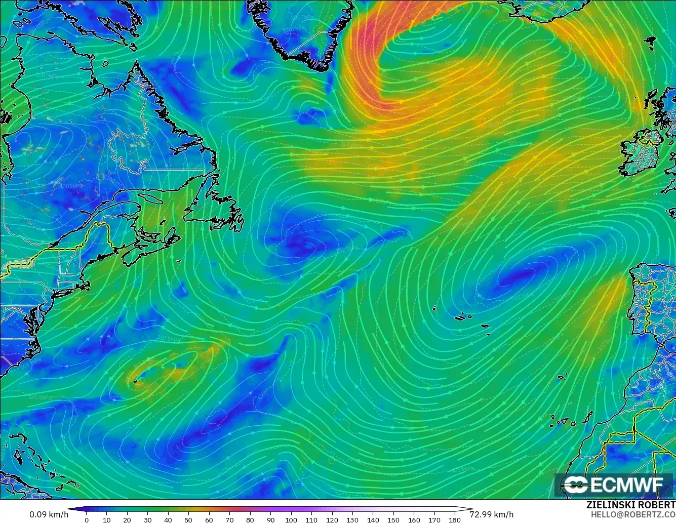 ECMWF IFS 0.25° model - North Atlantic, Wind at 10m