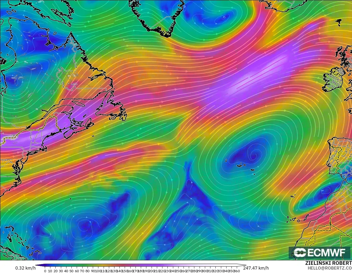 ECMWF IFS 0.25° model - North Atlantic, Wind at 300hPa (jet stream)