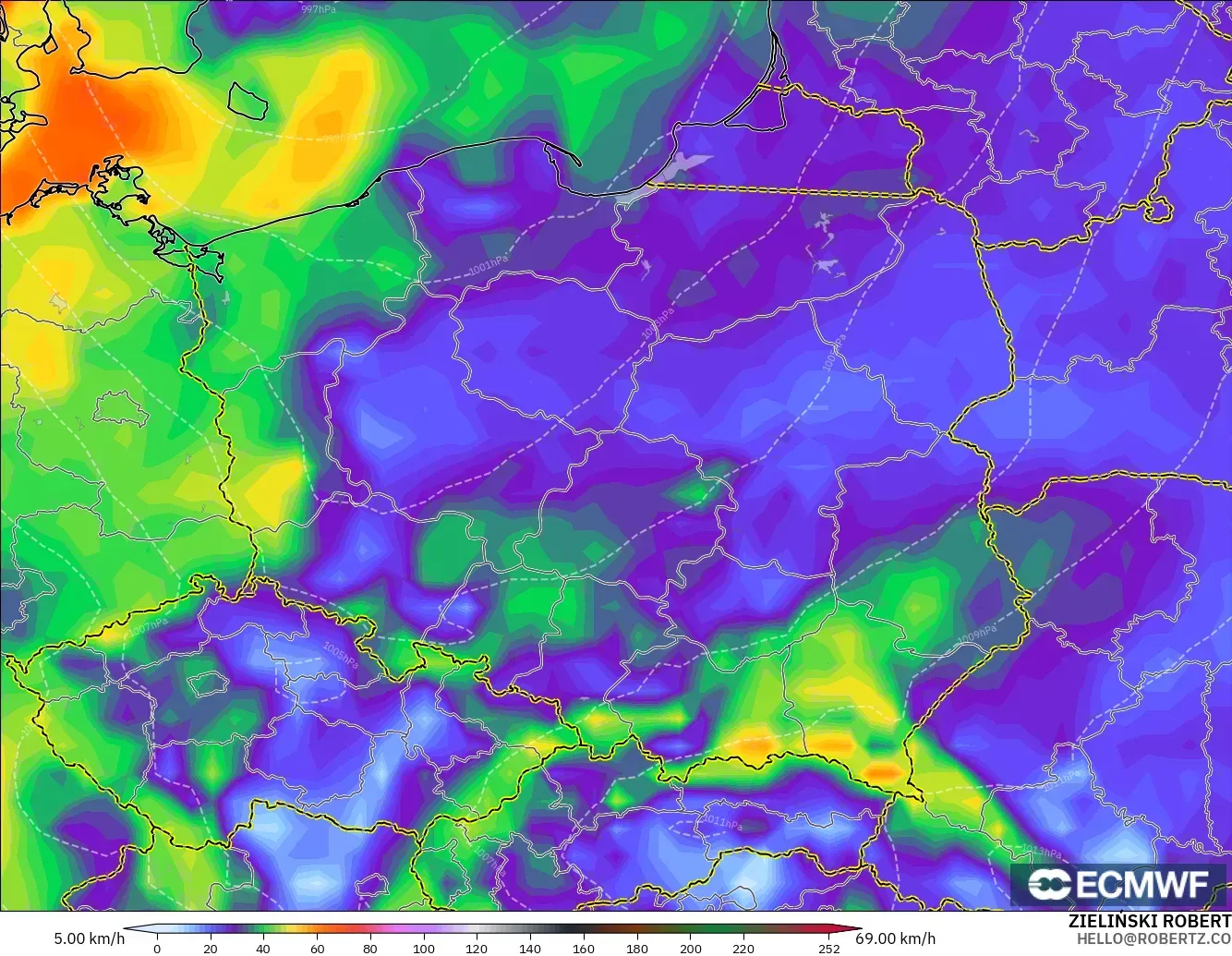 ECMWF IFS 0.25° model - Poland, Wind Gusts Peak