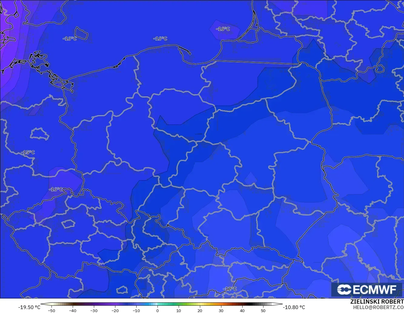 ECMWF IFS 0.25° model - Poland, Temperature at 500hPa