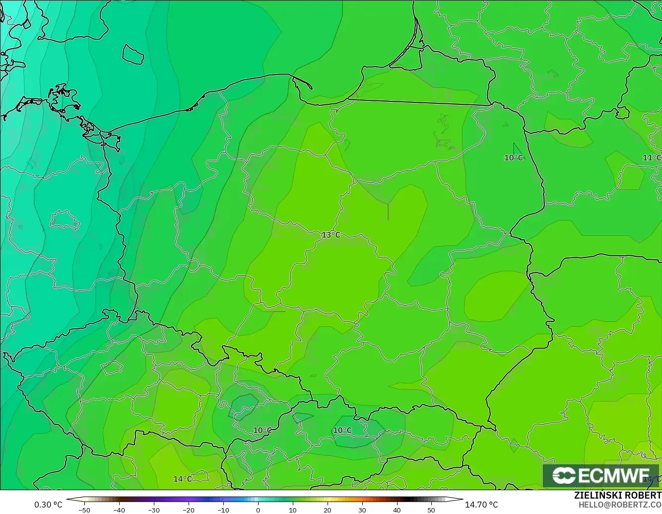 ECMWF IFS 0.25° model - Poland, Temperature at 850hPa
