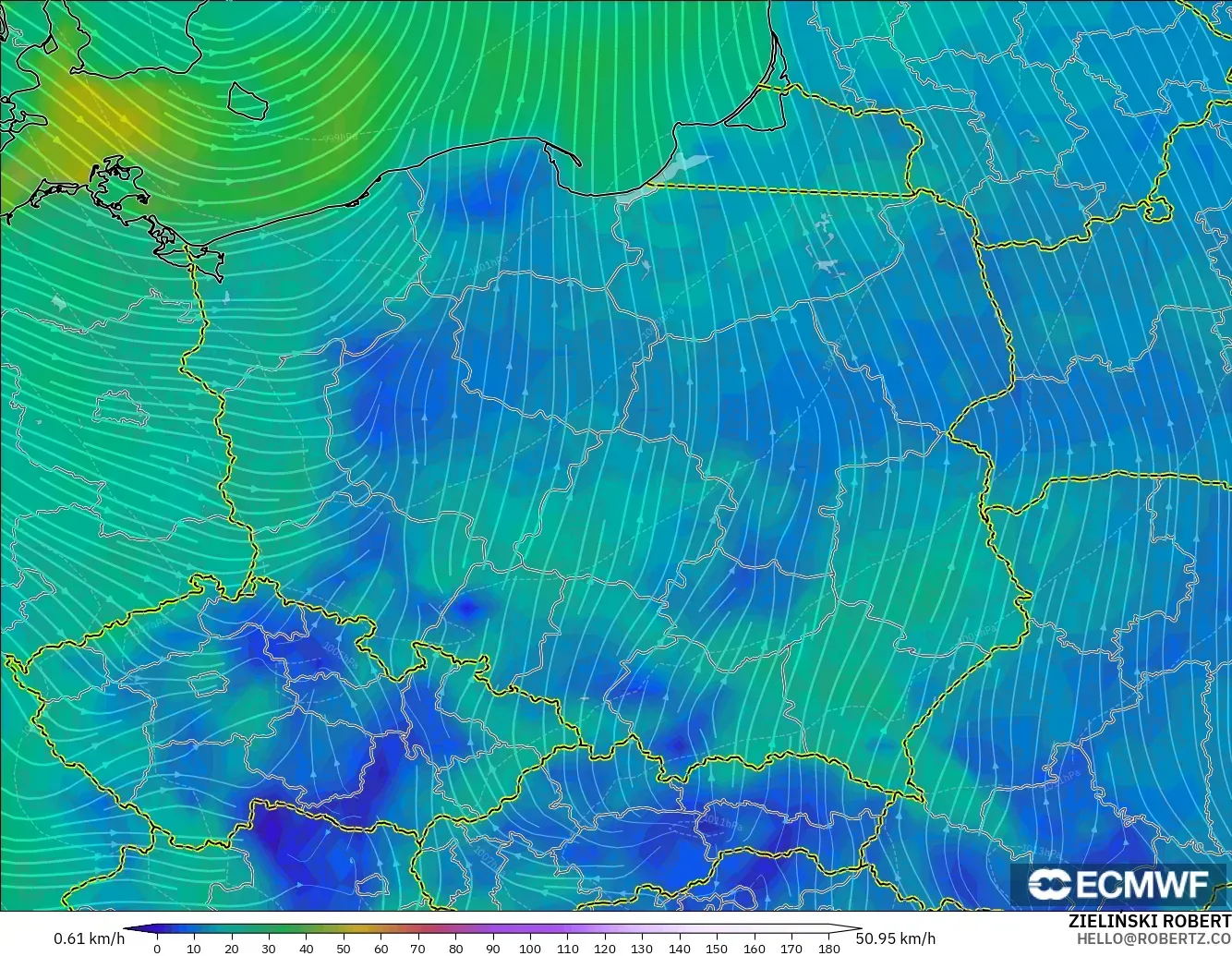ECMWF IFS 0.25° model - Poland, Wind at 10m