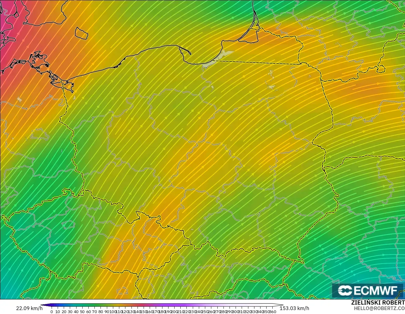 ECMWF IFS 0.25° model - Poland, Wind at 300hPa (jet stream)