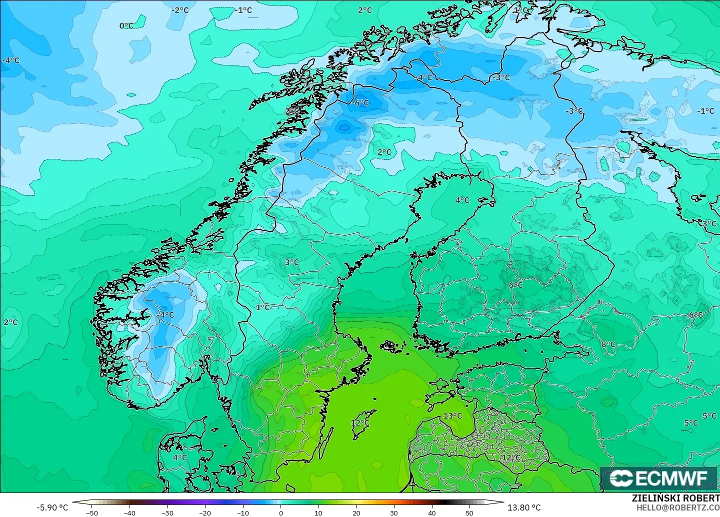 ECMWF IFS 0.25° model - Scandinavia, Dewpoint at 2m