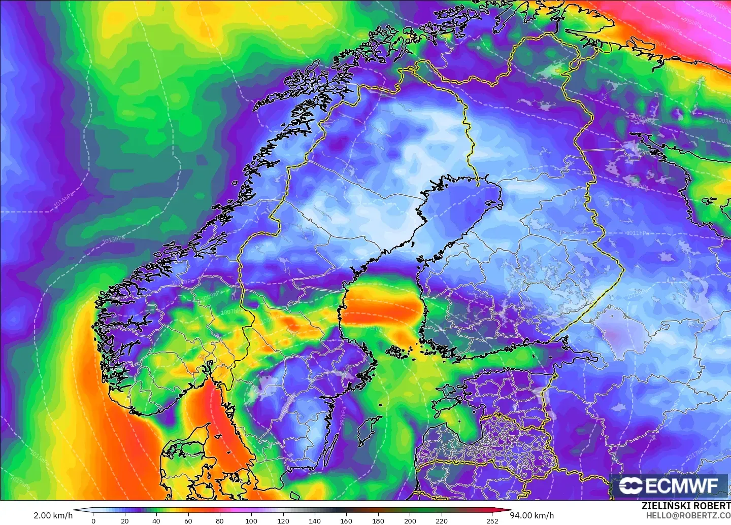 ECMWF IFS 0.25° model - Scandinavia, Wind Gusts Peak