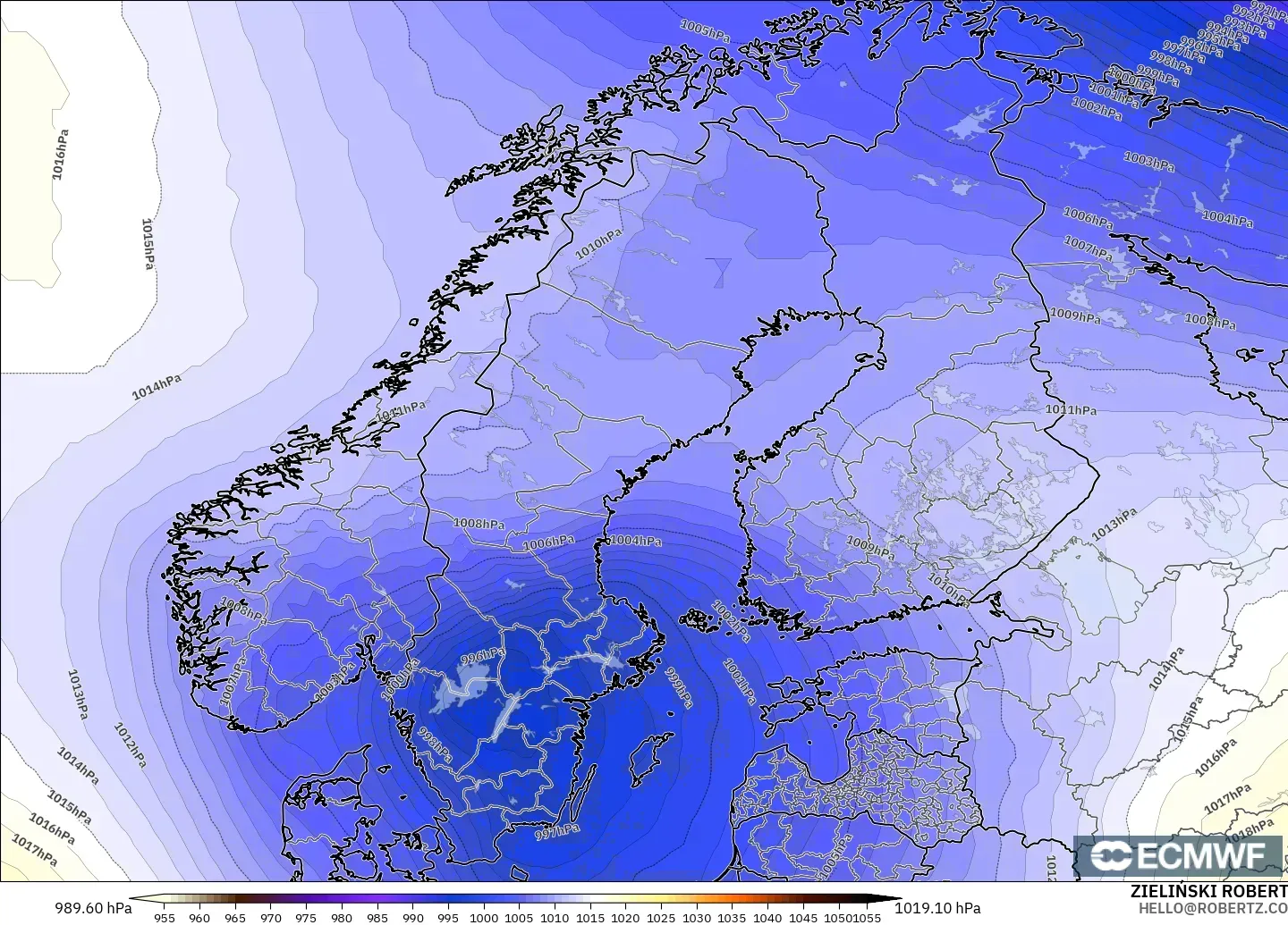ECMWF IFS 0.25° model - Scandinavia, Pressure
