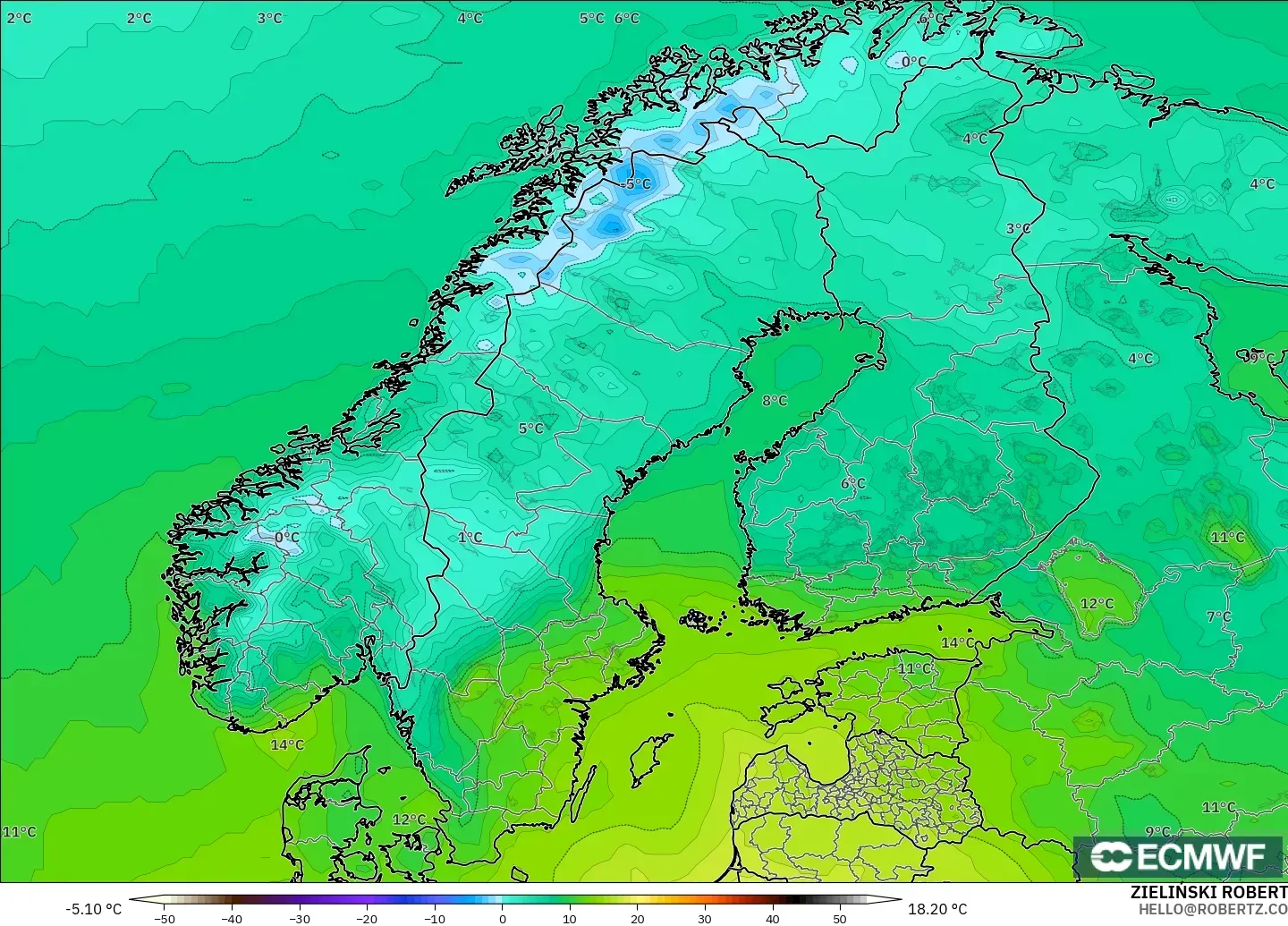 ECMWF IFS 0.25° model - Scandinavia, Temperature at 2m