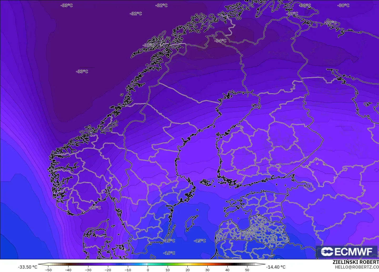 ECMWF IFS 0.25° model - Scandinavia, Temperature at 500hPa
