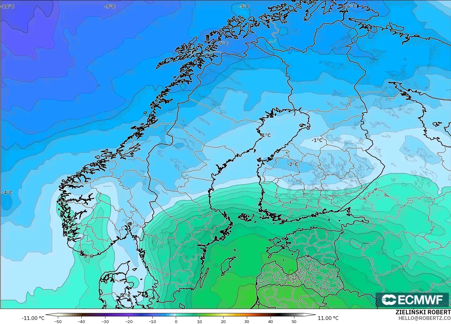 ECMWF IFS 0.25° model - Scandinavia, Temperature at 850hPa