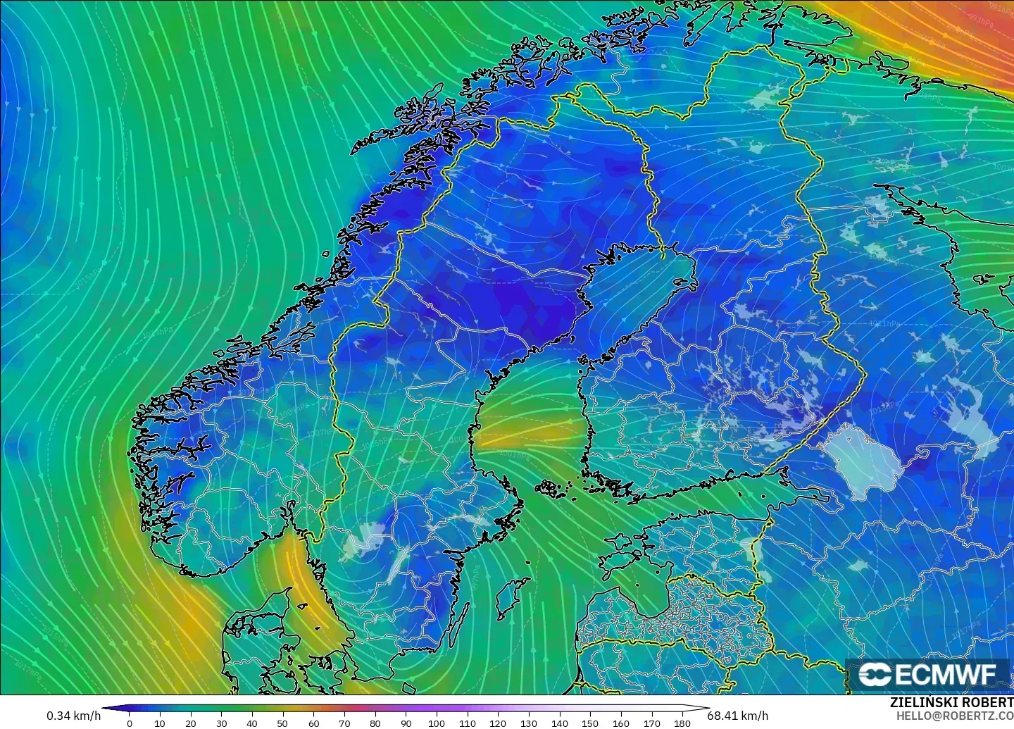 ECMWF IFS 0.25° model - Scandinavia, Wind at 10m