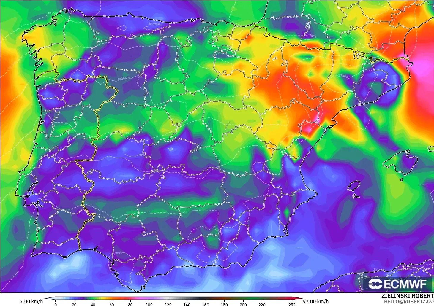 ECMWF IFS 0.25° model - Spain, Wind Gusts Peak