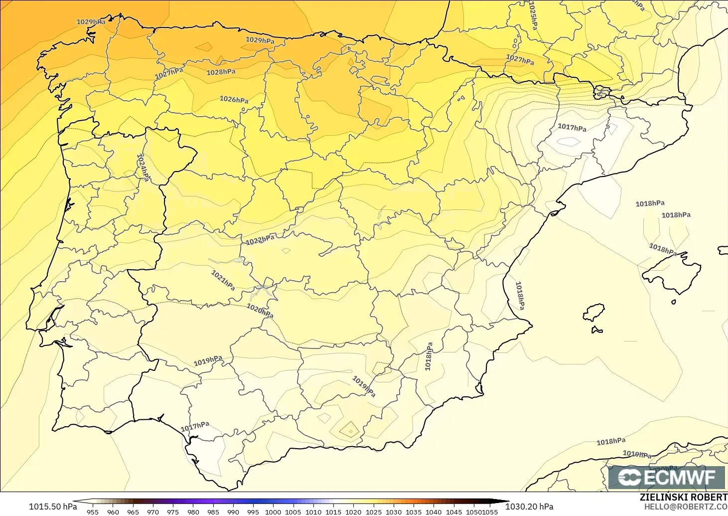 ECMWF IFS 0.25° model - Spain, Pressure